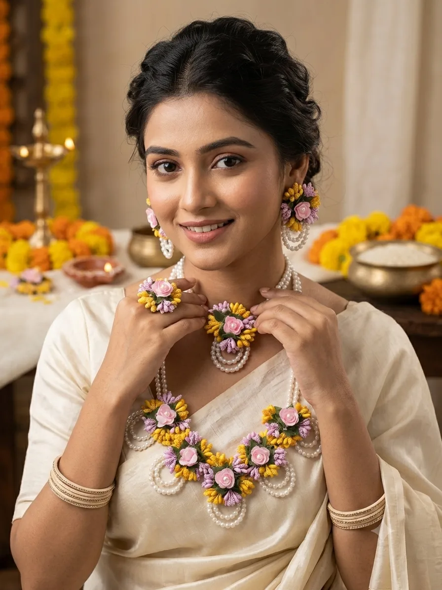 Handcrafted Yellow & Red Artificial Flower Jewellery Set for Bengali Weddings | 5-Piece Traditional Floral Set: Necklace, Earrings, Bracelet, Maang Tika & Komorbondhoni (Waist Belt) | Ideal for Haldi, Mehendi, Sangeet & Gaye Holud