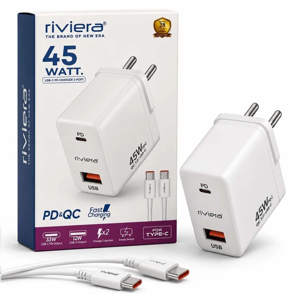 Riviera 45W Charging Adaptor | 45W Fast Charging Adaptor with USB Port | 45W USB Charging Adaptor – Made in India