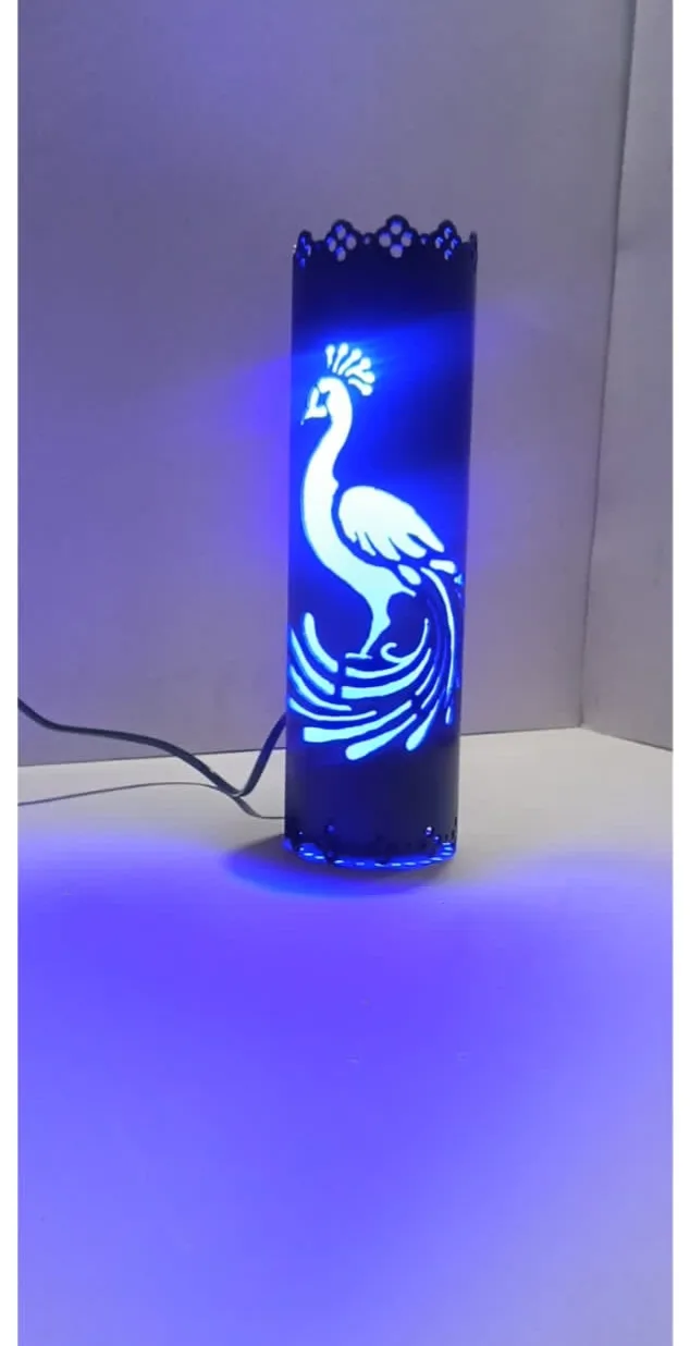 DEKORA Moyur  design night lamp, Night wall lamp ,  black colour body,  1colour added blue colour, Volt-220/140, Watt- 9, Body colour -black,  Scrow stand holder wall hanging, white and black, 2 metre to pin code ,  height-11"inch,  Round-3"inch